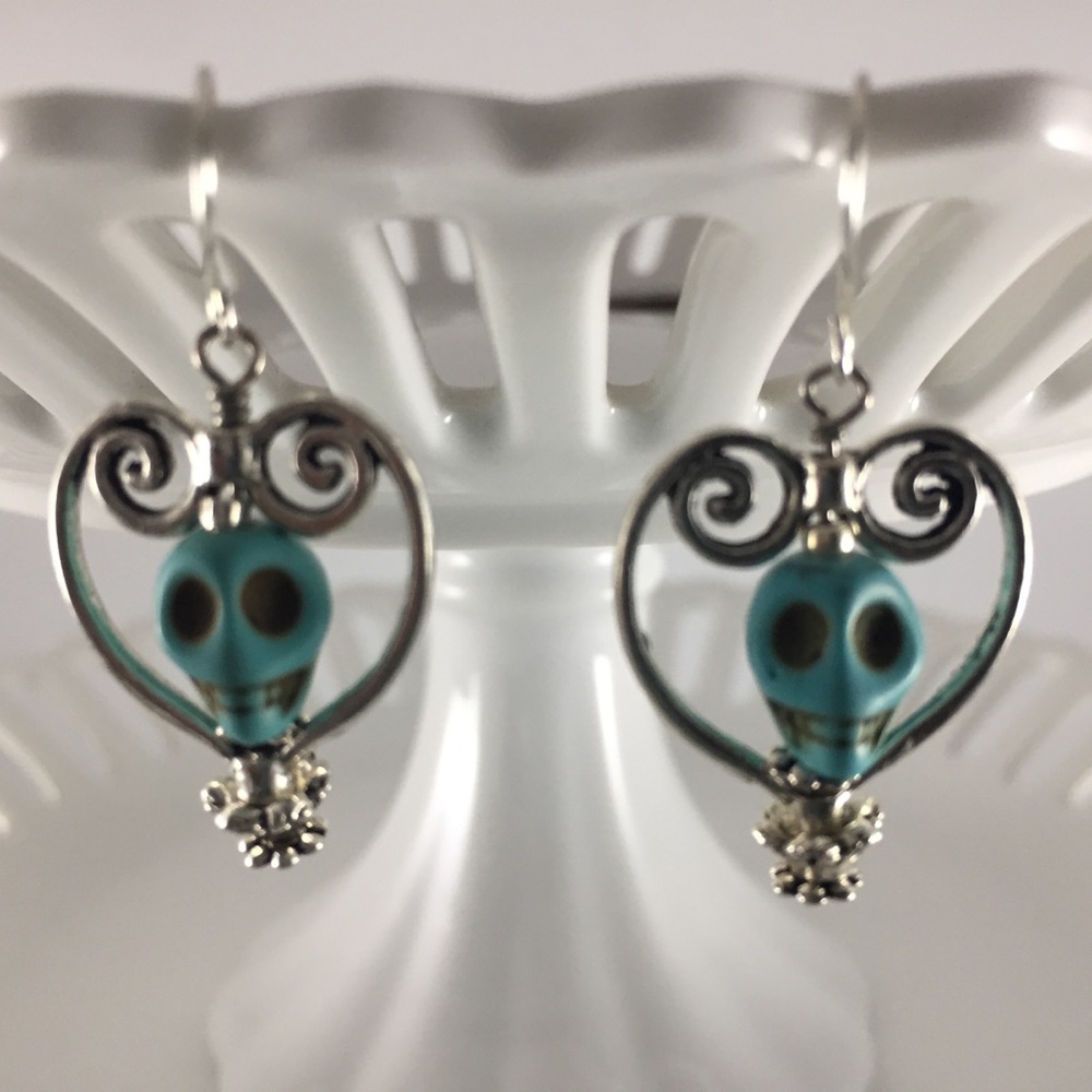 Handmade Unique Design Earrings Turquoise Blue Carved Skull Silver Plated